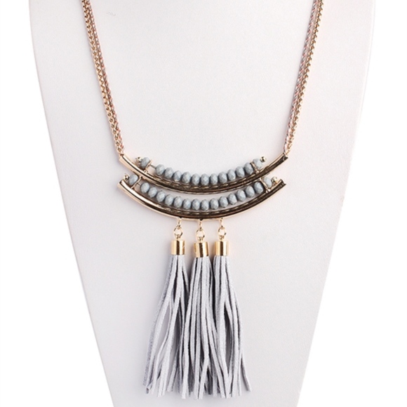 GRAY TASSEL STATEMENT NECKLACE AND EARRING SET - Picture 3 of 4